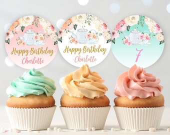 Tea party Birthday cupcake toppers  3 designs included  Download  EDITABLE  Bir122