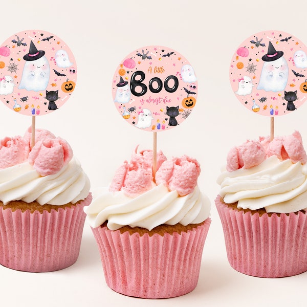Halloween Baby shower Cupcake Toppers Pink Ghost Favor Tags Label Ghost Party Pink Girl Little Boo Editable Download Digital Printable Haba4