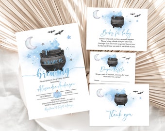 A Baby is Brewing Halloween Baby Shower Invitation Pack Halloween Invite set Witch Boy Blue Cute Fall Editable Printable Download Haba2