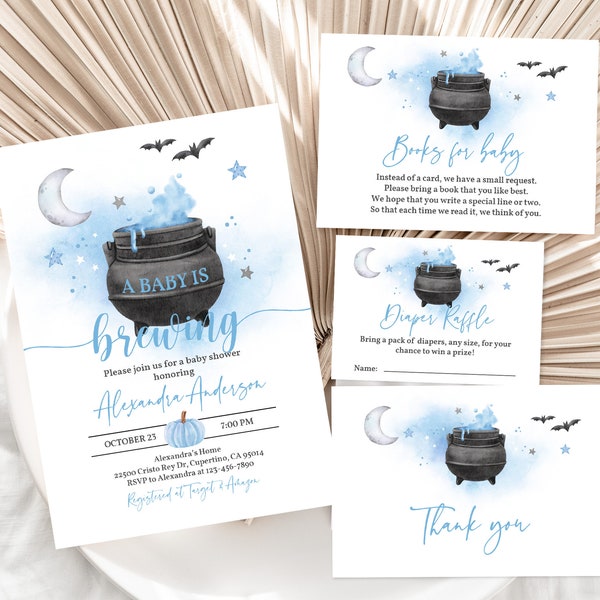 A Baby is Brewing Halloween Baby Shower Invitation Pack Halloween Invite set Witch Boy Blue Cute Fall Editable Printable Download Haba2