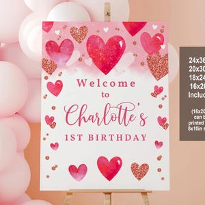 Valentine&#39;s Birthday Welcome Sign Valentines Day Party Welcome Poster Love Hearts Red Pink Rose gold Girl  Editable Printable Decor Bir104