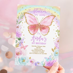 Butterfly Birthday Invitation Butterfly Invite Whimsical Floral Butterfly Rainbow gold glitter Garden Girl 1st Download Editable Bir273