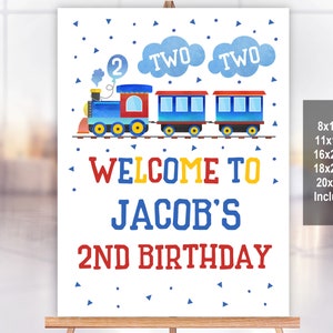 Letrero de bienvenida para cumpleaños de tren, decoración para fiesta, póster de tren Choo Choo Two Two, letrero para segundo niño, azul, rojo, imprimible, editable, descarga Bir60