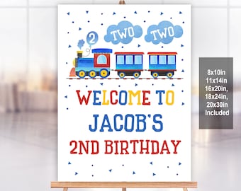 Trein verjaardag welkom teken Party Decor Choo Choo twee twee trein poster 2e jongen teken blauw rood afdrukbare bewerkbare download Bir60