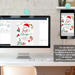K&ouml;nnte beinhalten: Eine digitale Einladungsvorlage f&uuml;r eine Weihnachtsfeier mit dem Text "Let's Jingle & Mingle" in roten und gr&uuml;nen Buchstaben. Das Design zeigt einen festlichen Weihnachtsbaum, einen Lebkuchenmann und ein rotes Cocktailglas.