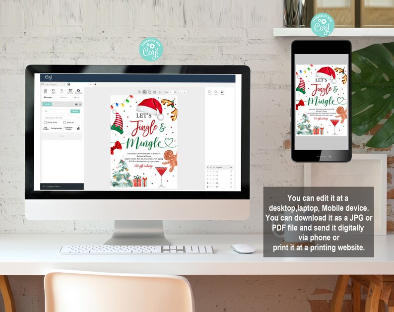 K&ouml;nnte beinhalten: Eine digitale Einladungsvorlage f&uuml;r eine Weihnachtsfeier mit dem Text "Let's Jingle & Mingle" in roten und gr&uuml;nen Buchstaben. Das Design zeigt einen festlichen Weihnachtsbaum, einen Lebkuchenmann und ein rotes Cocktailglas.