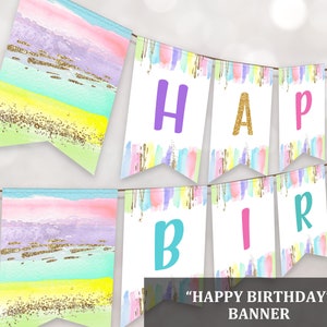 Editable Art Party Birthday Banner Painting Party Printable Banner Decorations Craft Rainbow Pastel Colorful Crayon Brush Digital Bir254