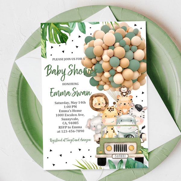 Jungle Baby Shower Invitation Gender Neutral Safari Party Invite Jungle Animals Safari Truck Balloon Boy Sprinkle Editable Download Bab153