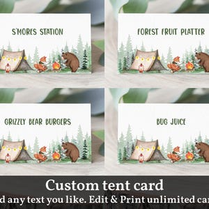 Carte d'anniversaire de camping avec tente alimentaire Étiquettes alimentaires One Happy Camper, carte de marque-place Camper 1st Camping Bear S'more, édition imprimable et téléchargement Bir335