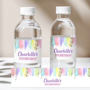 Art Party Water bottle label Paint Birthday Water bottle Wrapper Painting Party Decor Craft Favor Label Pastel Rainbow Gold Editable Bir254