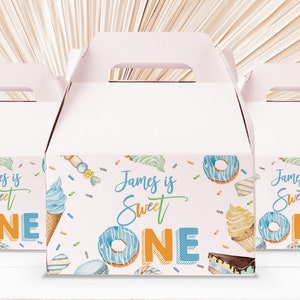 Junge süße Party Giebel Box Etikett Sweet One Boy 1st Birthday Eis Donut Candy Blue Dessert Gunst Etikett Editable Printable Bir368