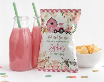 May include: Pink and white chip bag with a farm theme. The bag features a red barn, a pink tractor, and farm animals. The text on the bag reads "Duck, Chuck,  Baa, Moo... Thank you for celebrating with us! Sophia's 4TH BIRTHDAY".