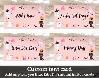 Puede incluir: Cartas de tienda de campaña imprimibles de color rosa con gráficos y texto de temática de Halloween. Las tarjetas presentan un sombrero de bruja, una telaraña, una momia y un gato negro. El texto de las tarjetas dice "Witch's Brew", "Spider Web Pizza", "Witch Hat Bites" y "Mummy Dogs".