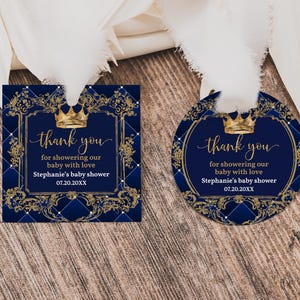 Etiqueta para lembrancinha de chá de bebê príncipe, etiqueta azul royal para presente, decoração editável para chá de bebê príncipe, etiqueta de agradecimento dourada royal para impressão Bab218