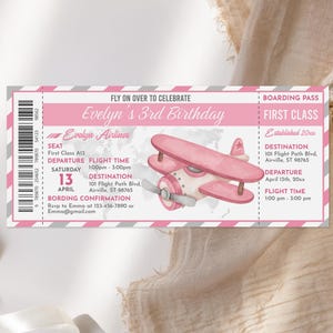 Invitation anniversaire avion billet d'avion modifiable inviter fille carte d'embarquement rose numérique imprimable fille pilote enfants tout âge Bir454