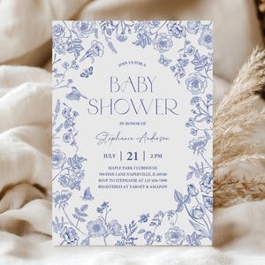 Dusty Blue Baby Shower Invitation Elegant Chinoiserie Blue Floral Baby Shower Invite Blue French Toile Editable Digital Template Bab342