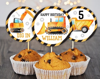 Construction cupcake topper  Birthday printable topper  EDITABLE, Download  Bir208