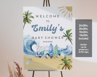Op de afbeelding: Welkom op Emily's Baby Shower bord met een aquarel illustratie van een blauwe golf, een vintage busje, palmbomen en surfplanken. Het bord is verkrijgbaar in de maten 24x36in, 20x30in, 18x24in en 16x20in. De maat 16x20in kan worden afgedrukt als een 8x10in bord.