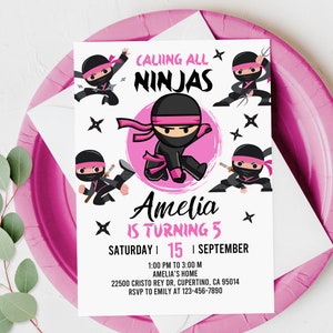 Invitación de cumpleaños de Ninja Girl: Invitación editable para fiesta de artes marciales Bir365