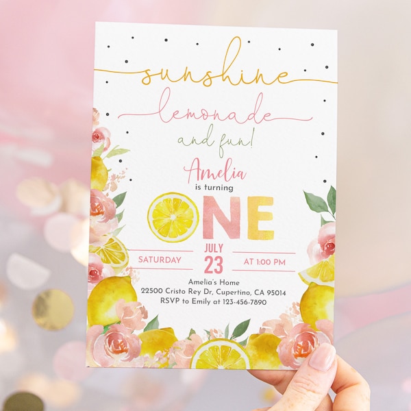 Editable Lemon Birthday Invitation Pink Lemonade Invite Sunshine Lemonade and fun Citrus Girl First Birthday Summer Yellow Printable Bir324