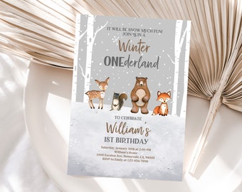 Winter Onederland Invitation Winter Woodland Birthday Invite Fox Deer Bear Winter Forest Party Editable Printable Download Bir283