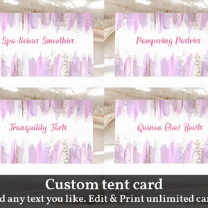 Spa Party Essen Zelt Karte Make-up Geburtstag Essen Zelt Karte Buffet Label Zelt Karte Glam Make-up Mädchen Teenager Editierbar Druckbare Download Bir361