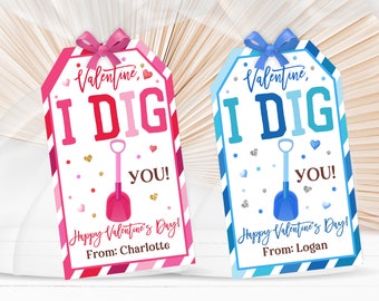 Valentine Gift Tags: I Dig You Shovel Design - Editable Printable Vat37