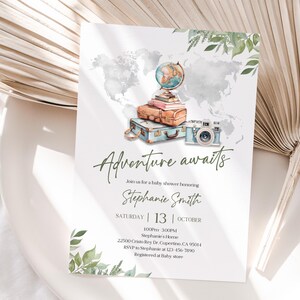 Invitación para baby shower: Tema de viaje y aventura (editable, unisex) Bab267