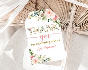 Op de afbeelding: Witte bedankkaart met roze en groene bloemen en gouden glitter. De tekst luidt "Bedankt voor het vieren met ons! Liefs, Stephanie."
