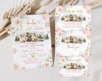 Op de afbeelding: Baby shower uitnodiging en kaarten met een winterthema. De uitnodiging bevat de tekst "baby it's cold outside" en de namen Stephanie & James. De kaarten bevatten "Books for baby", "Thank you" en "Diaper raffle" met illustraties van bosdieren.