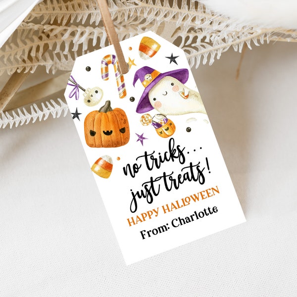 No Tricks Just Treats Halloween Gift Tag Halloween Treat Tag Cute Kids Classroom Gift Label Trick Or Treat Editable Printable Download Hat1