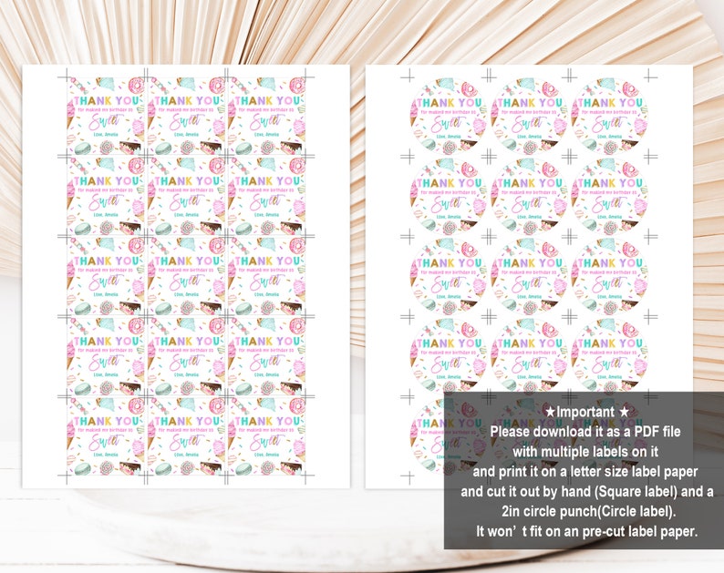 Étiquettes de remerciement pour une fête gourmande : Autocollants modifiables pour cupcakes, beignets et glaces Bir340 image 3