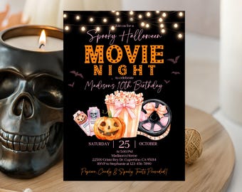 Halloween Movie Night Invitation - Printable Editable Birthday Card
