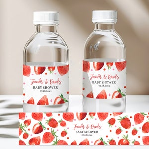 Étiquette de bouteille d'eau de douche de bébé aux fraises, emballage de bouteille d'eau saupoudré, étiquette de décoration de fête sucrée aux baies, téléchargement imprimable et modifiable Bab181