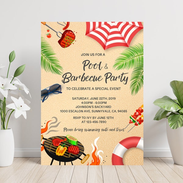 Invitation à une fête au bord de la piscine et barbecue