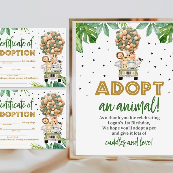 Adopt an Animal Sign Jungle Adoption Certificate Wild Birthday Safari Animal Adoption Stuffed Animal Editable Printable Download Bir297