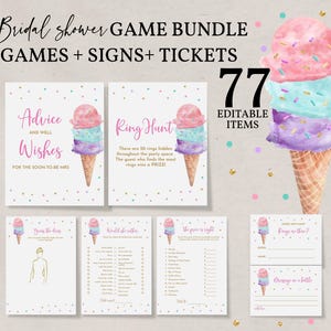 May include: A bridal shower game bundle with games, signs, and tickets. The design features watercolor ice cream cones in pink, blue, and purple. The bundle includes 77 editable items, with games like "Ring Hunt" and "Advice and Wishes".