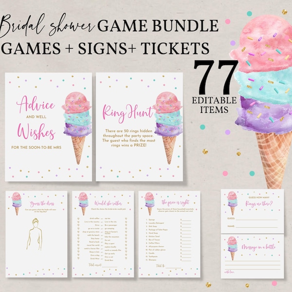 Bridal Shower Game Set: Ice Cream Theme - Editable Printable Bundle Bri30