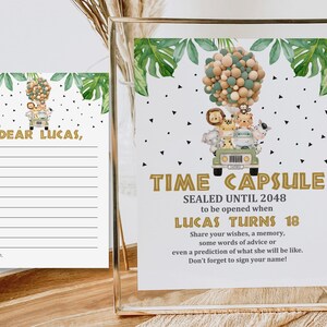 Cápsula del tiempo de animales de safari Letrero y letra Wild One Fiesta de primer cumpleaños Niño verde dorado Zoológico Jungla Editable Imprimible Descargar Bir297