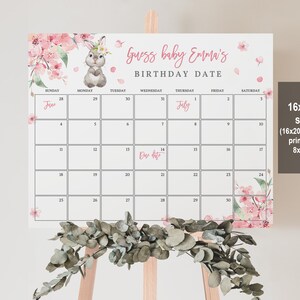 バニーベビーシャワー予定日カレンダー 桜の花柄ウサギの赤ちゃんの誕生日予測 イースターパーティー バニーゲーム 春 編集可能 印刷可能 Eaba3