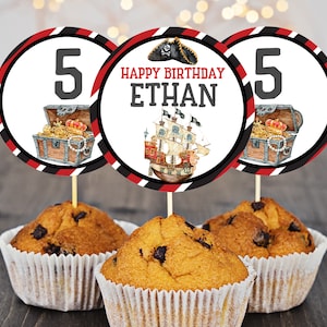 Anniversaire pirate Cupcake Topper Party Decor étiquette de faveur Ahoy Matey Treasure Box Boy bateau pirate numérique imprimable modifiable téléchargement Bir61
