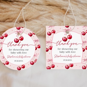 Cherry Favor Tag Template Cherry on Top Baby Shower Gift Label Editable Cherry on Top Thank you Sticker Printable Pink Bow Bab349