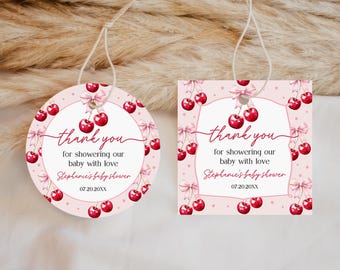 Baby Shower Favor Tags: Cherry Design, Pink Bow - Editable PDF Bab349