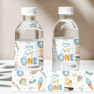 Étiquette modifiable de bouteille d'eau de fête pour garçon Sweet One Boy 1er anniversaire, bonbon bleu, petit gâteau, beignet, emballage d'eau douce pastel imprimable Bir368