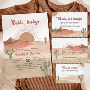 Set di inviti per baby shower nel deserto Pacchetto di inviti per cactus Paesaggio desertico Genere neutro Succulento Moderno Boho Modificabile Stampabile Bab239