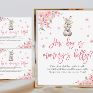 Bunny How Big is Mommy&#39;s Belly Shower Game Rabbit baby shower Guessing Girl Spring Sakura Floral Rabbit Digital Editable Download Eaba3