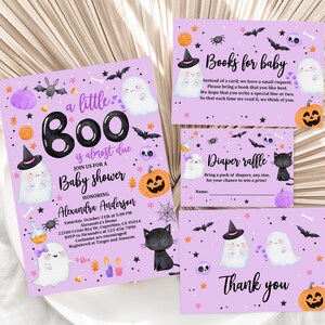 Purple A Little Boo Baby Shower Invitation Bundle Halloween Baby Shower Invite set Cute Purple Ghost Spooktacular Editable Printable Haba7