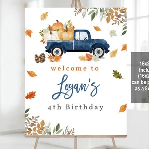 Letrero de bienvenida con forma de calabaza, camión de calabaza azul, cartel de bienvenida de cumpleaños, baby shower de otoño, plantilla azul para niño, editable, imprimible, descargar Bir314
