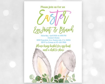 May include: An invitation to an Easter egg hunt and brunch. The invitation features a watercolour illustration of bunny ears with green leaves and the text "Please join us for an Easter Egg Hunt & Brunch". The invitation also includes the date, time, location, and RSVP information.
