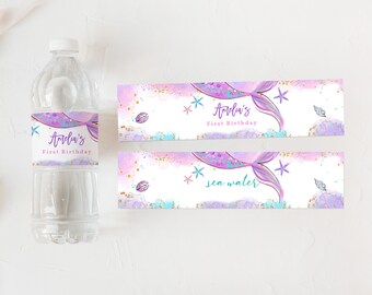 Etiquetas editables para botellas de agua de cumpleaños de sirena, etiquetas para botellas de jugo de sirena, decoración de fiesta de sirena, descarga imprimible de mar Bir321